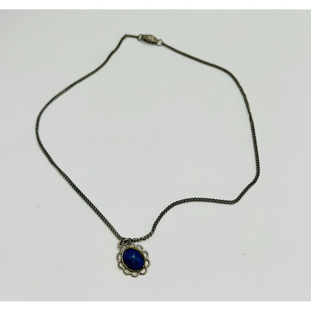 Vtg Faux Star Sapphire Pendant Necklace Silver Tone 8" - Picture 6 of 6